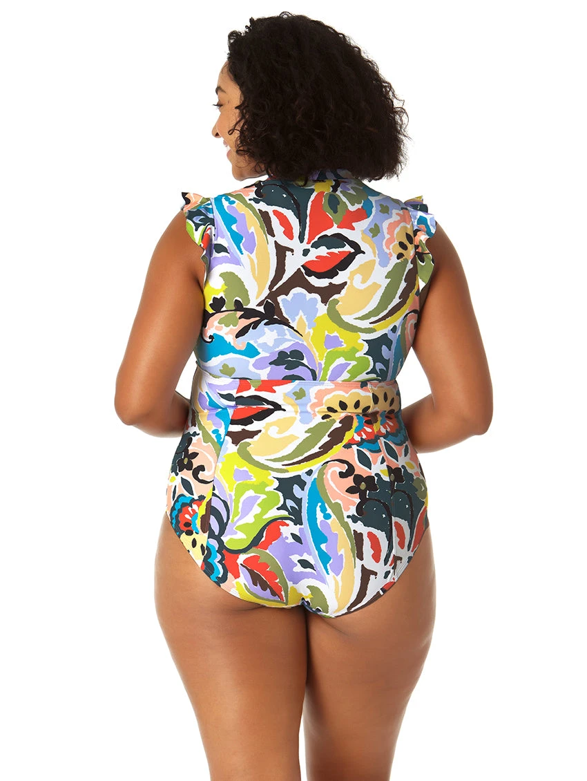 Anne Cole Flutter Sleeve Zip Up One Piece Plus Size Swimsuit - Image 2