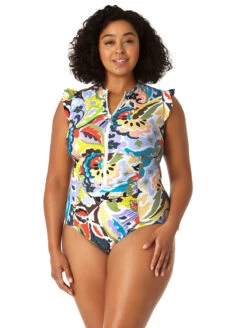 Anne Cole Flutter Sleeve Zip Up One Piece Plus Size Swimsuit